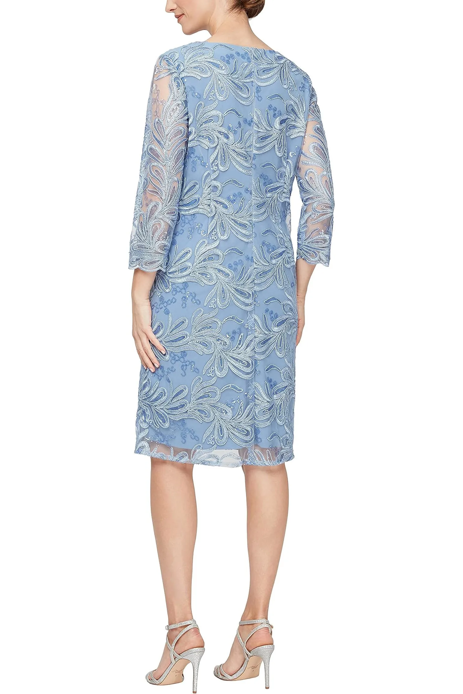 Alex Evenings boat neck 3/4 sleeve matte jersey dress with stretch mesh floral embroidered jacket