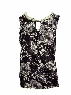 Alfani Women's Pearl Beaded Sleeveless Floral Printed Keyhole  Top, XL