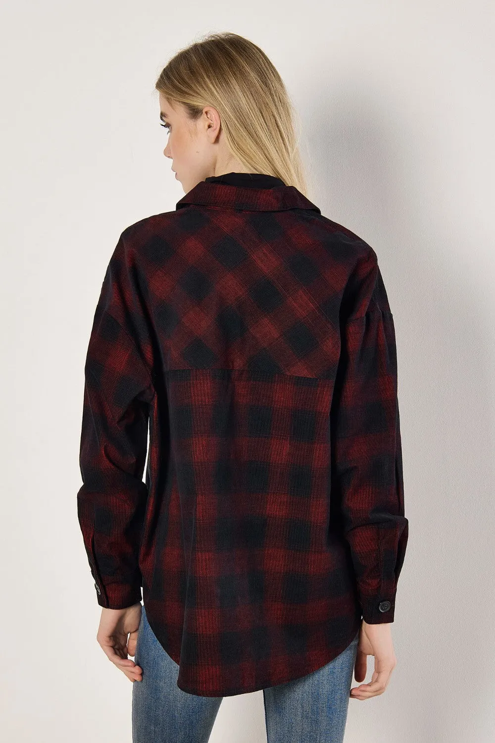 Apricot Distressed Check Oversized Shirt