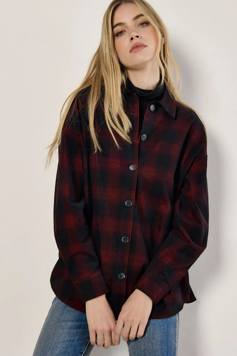 Apricot Distressed Check Oversized Shirt