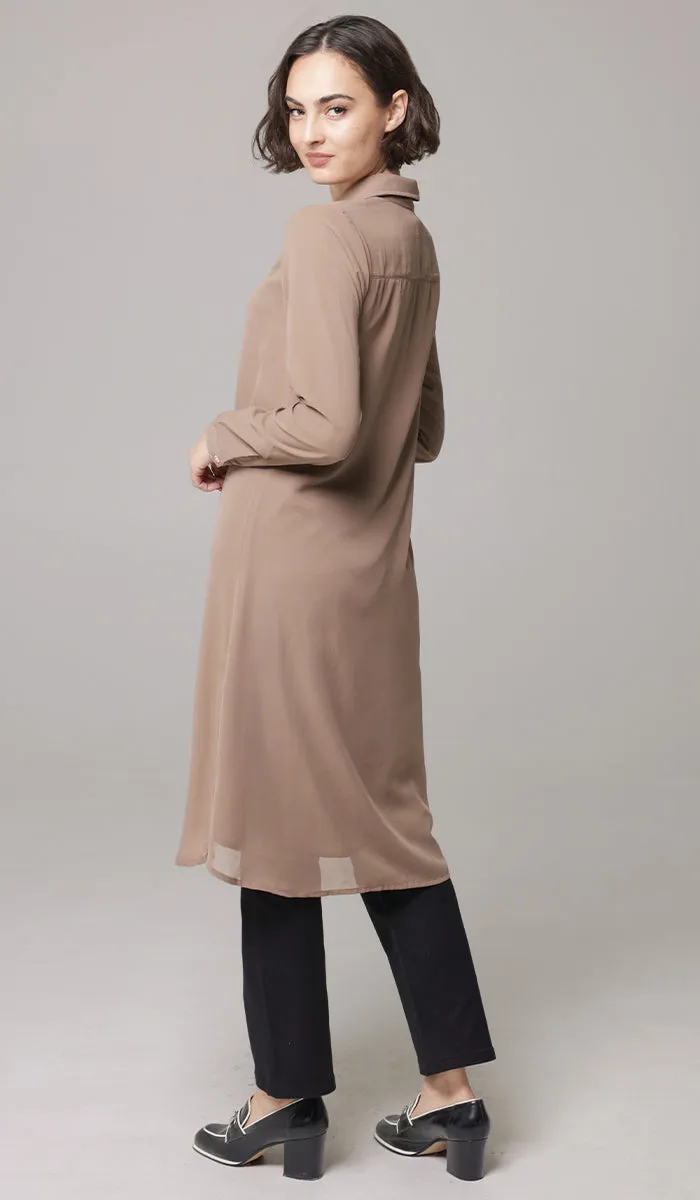 Asra Long Flowy Buttondown Shirt Jacket - Mocha