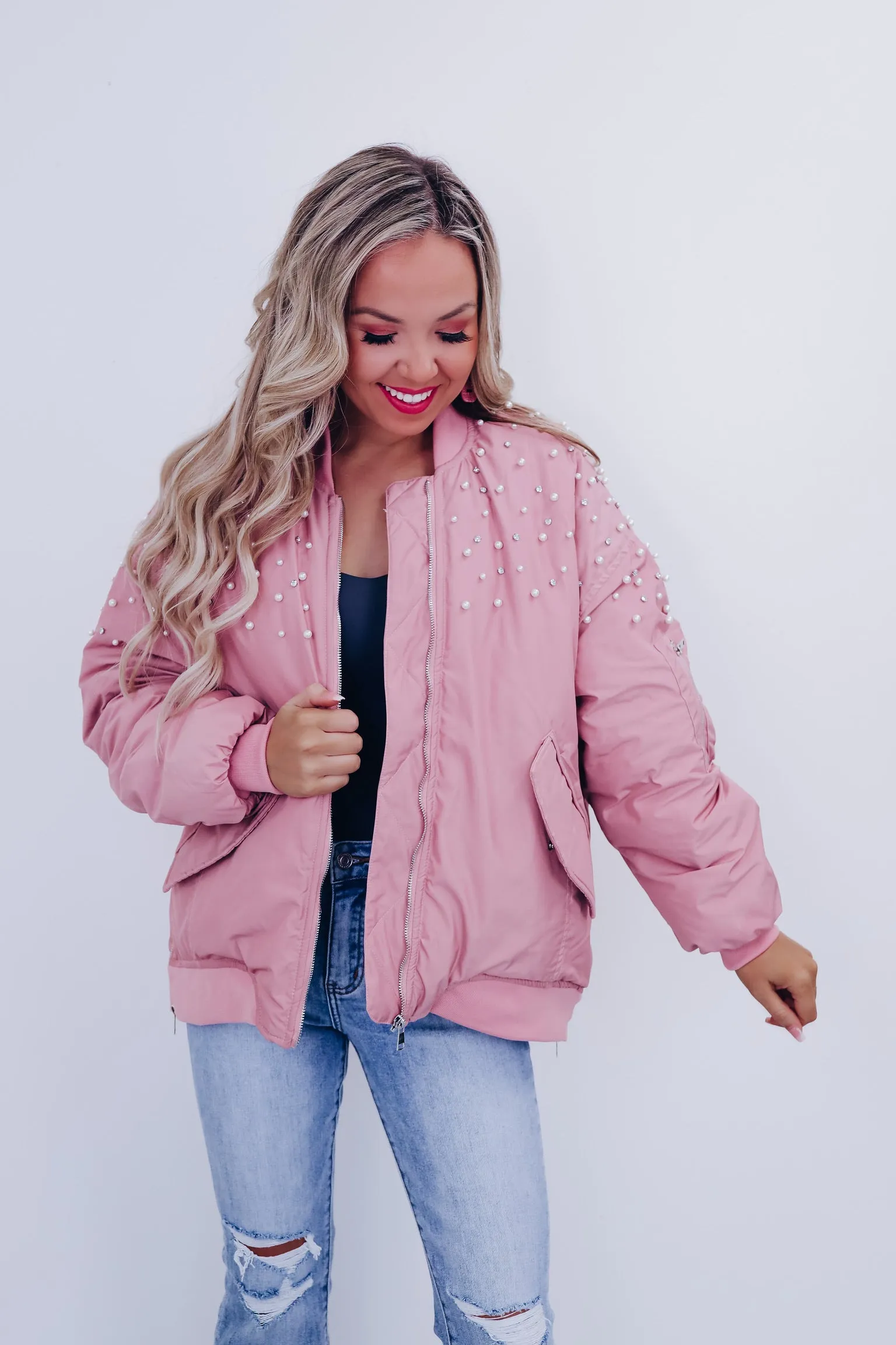 Bismarck Bejeweled Bomber Jacket - Pink