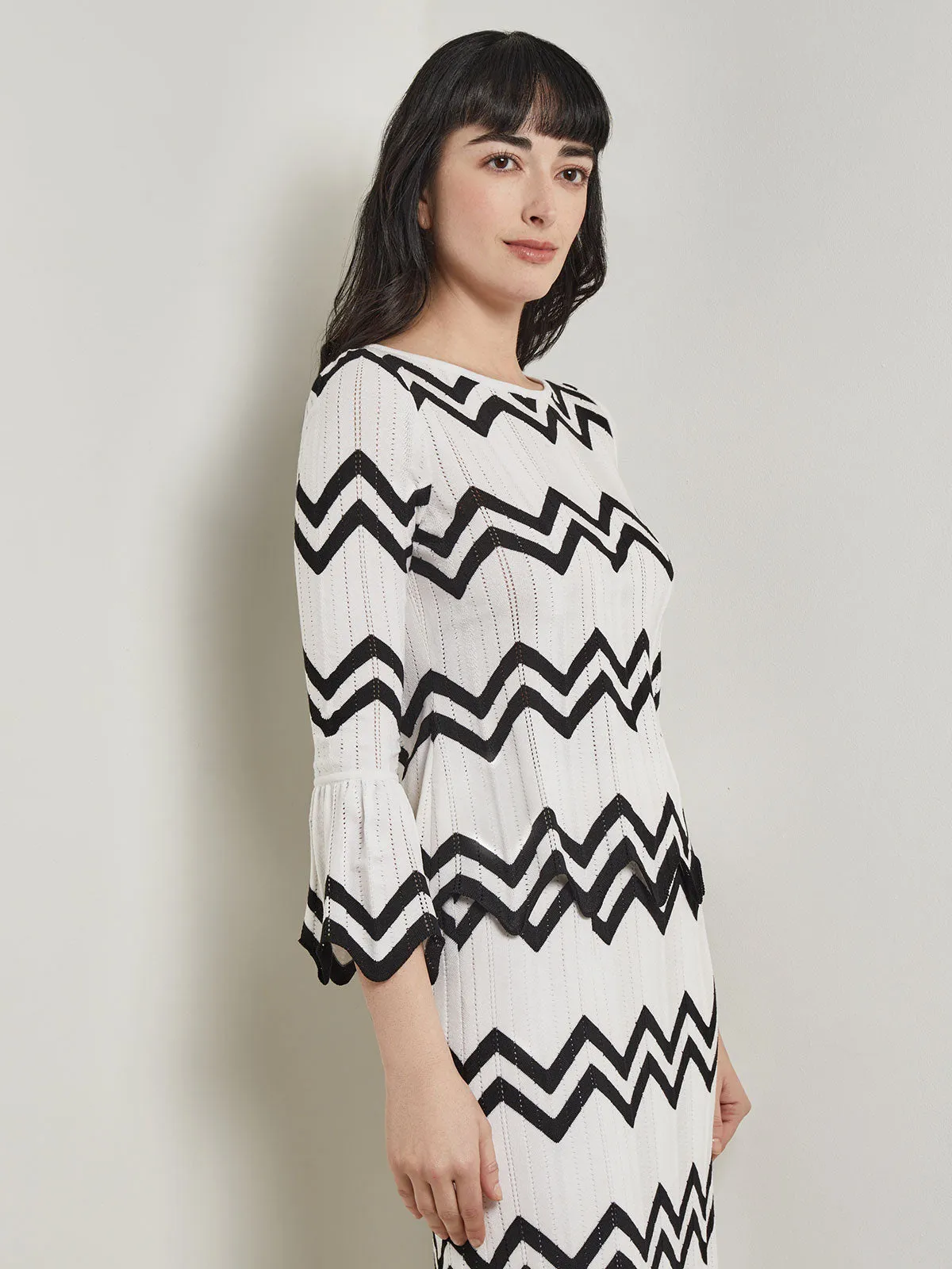 Boat Neck Tunic - Contrast Chevron Pointelle Soft Knit