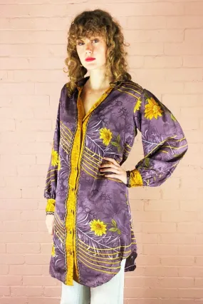 Bonnie Shirt Dress - Vintage Indian Sari - Amethyst & Gold Floral (M/L)