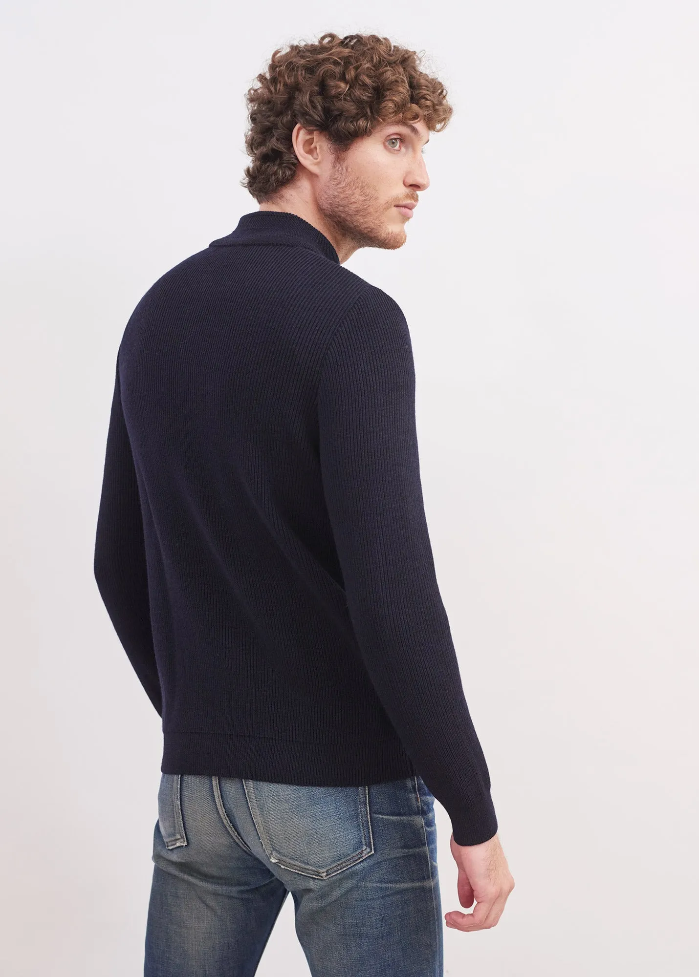 Bourboule buttoned high neck jumper - in wool, herringbone pattern (NAVY)