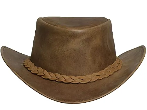 BRANDSLOCK Cowboy Hat Leather Outback Sun Hat with Chin Cord Tan 2XLarge