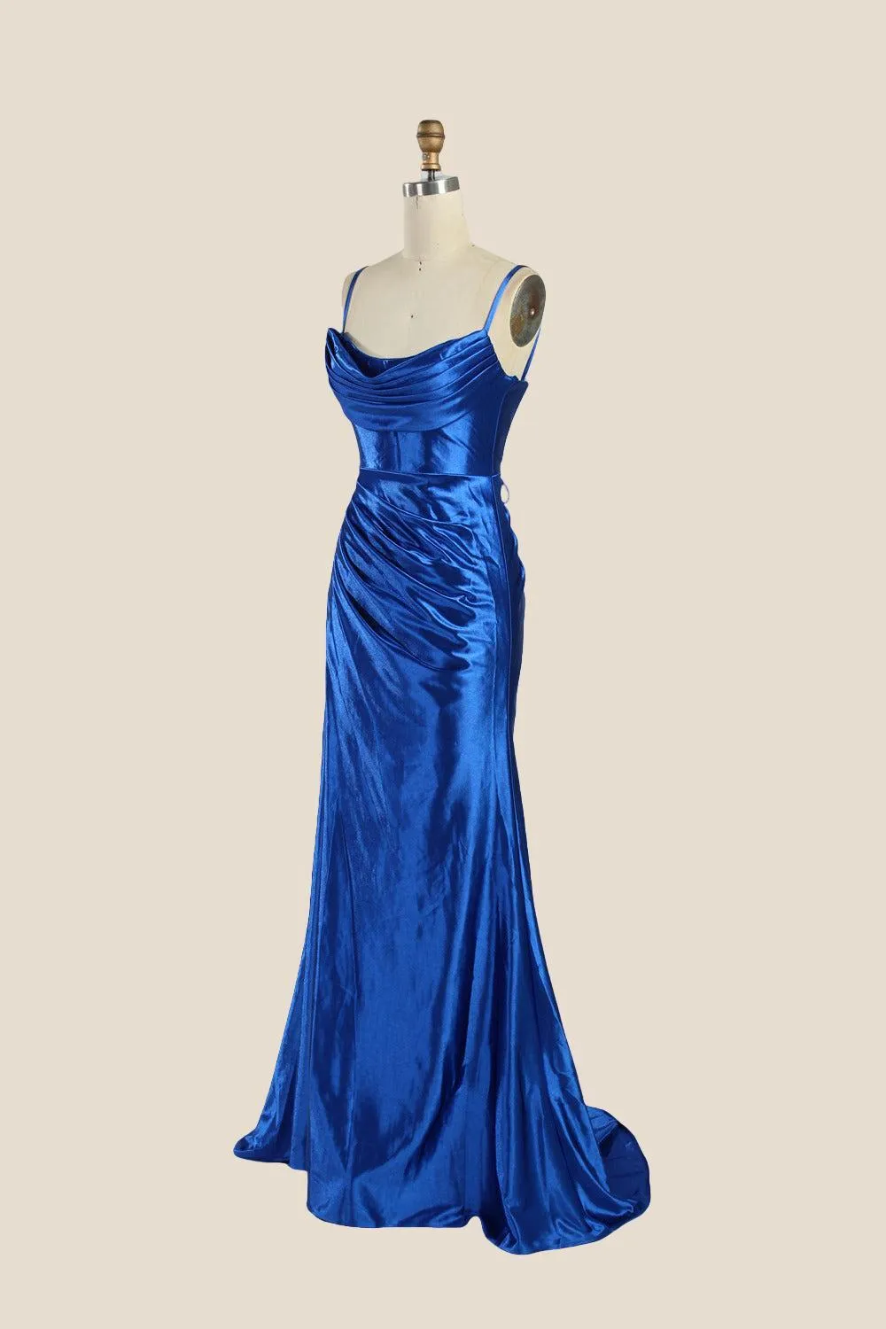 Cowl Neck Royal Blue Ruched Satin Long Dress