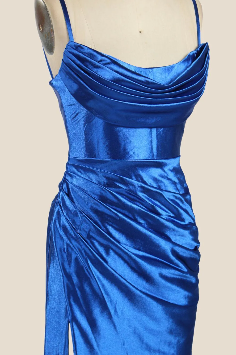 Cowl Neck Royal Blue Ruched Satin Long Dress