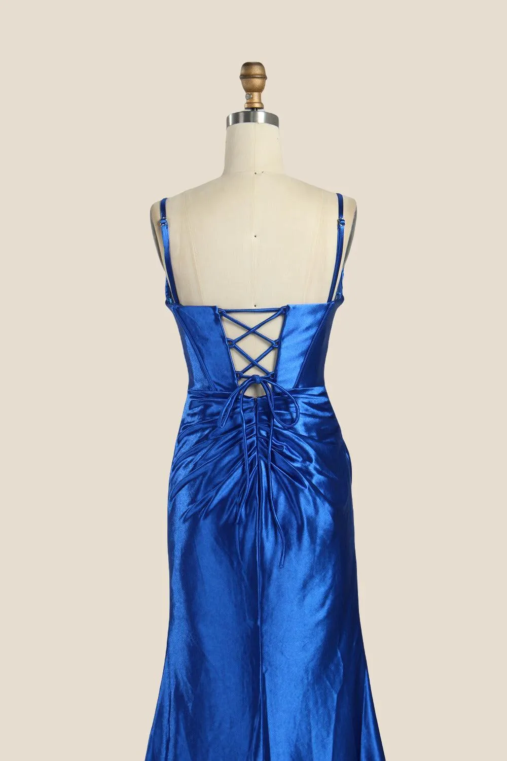 Cowl Neck Royal Blue Ruched Satin Long Dress