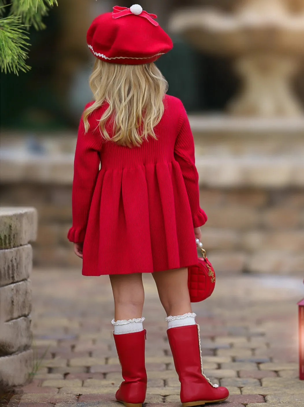 Cozy Charm Red Ribbed Long Sleeve Sweater Dress