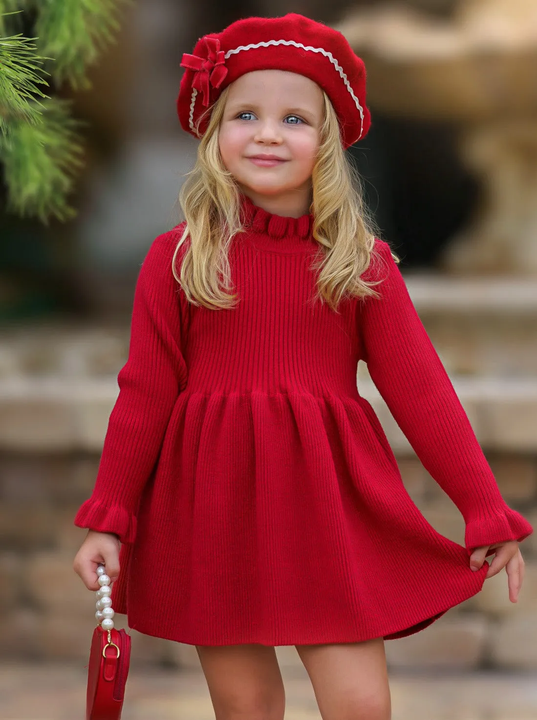 Cozy Charm Red Ribbed Long Sleeve Sweater Dress