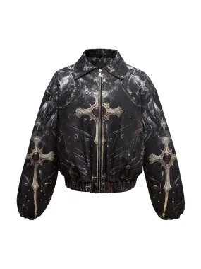 Cross Printed Zip Up Quilted Bomber Jacket