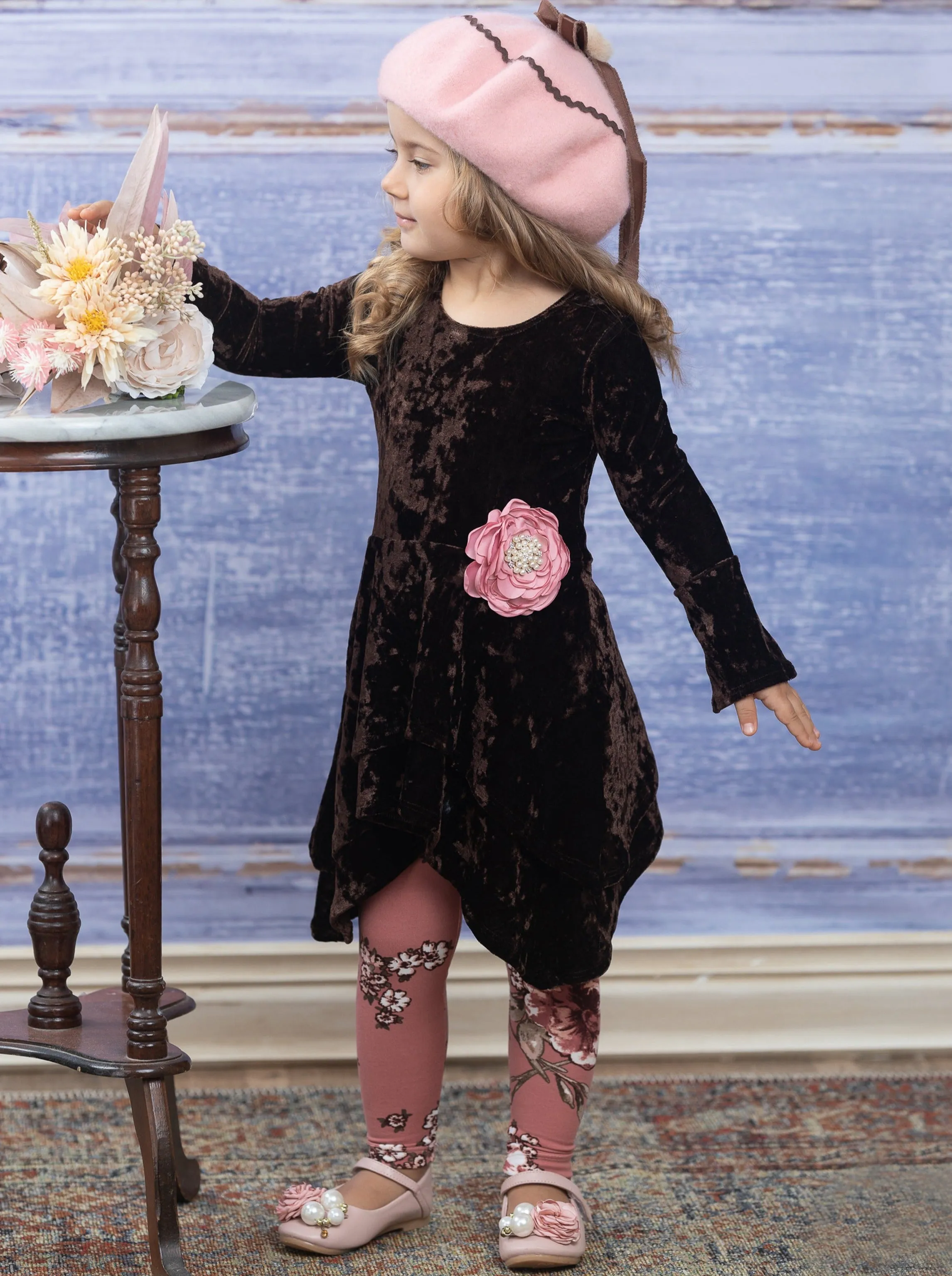 Cute Crushed Velvet Sidetail Tunic and Legging Set