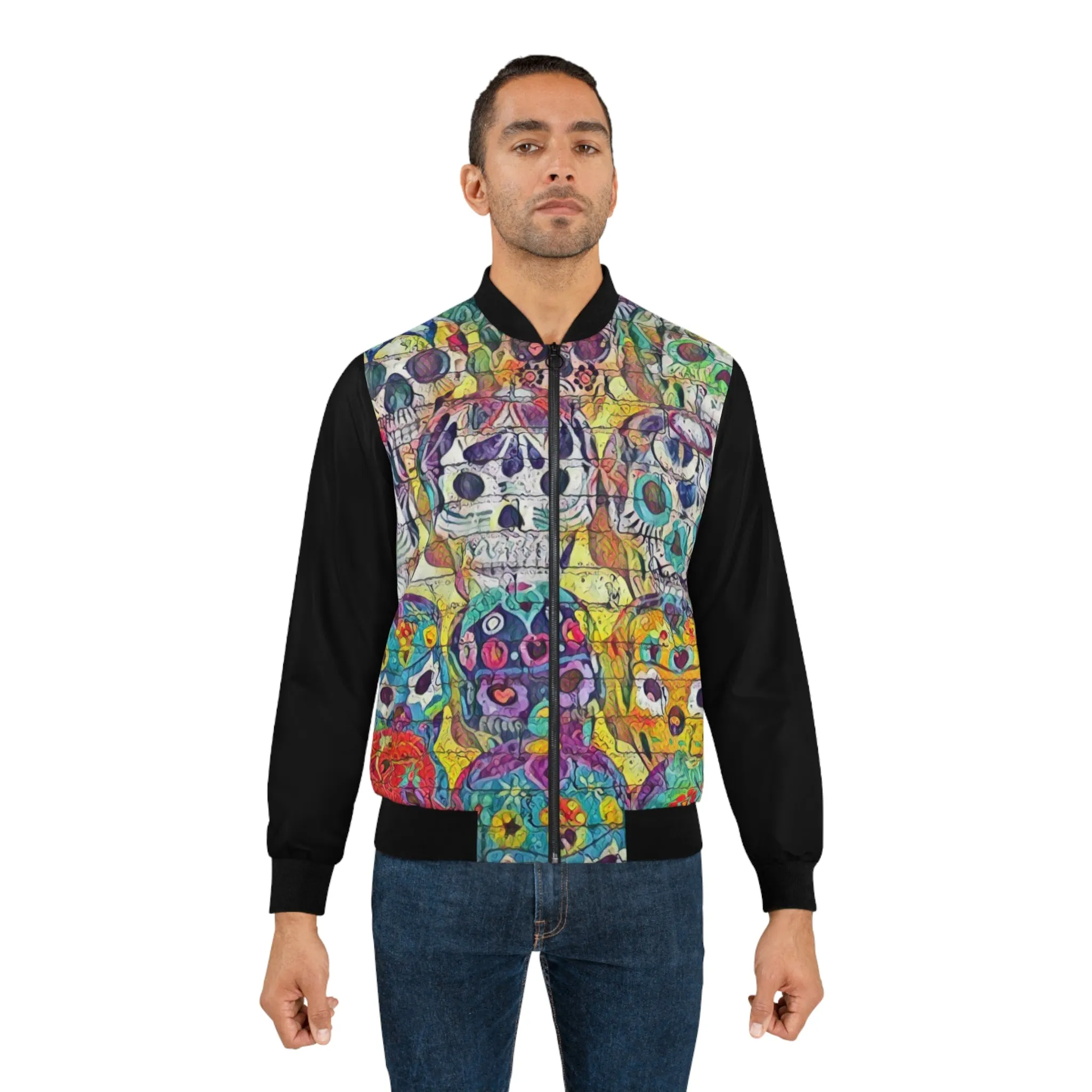 Day of the Dead Skull Bomber Jacket (Black/Full Print)