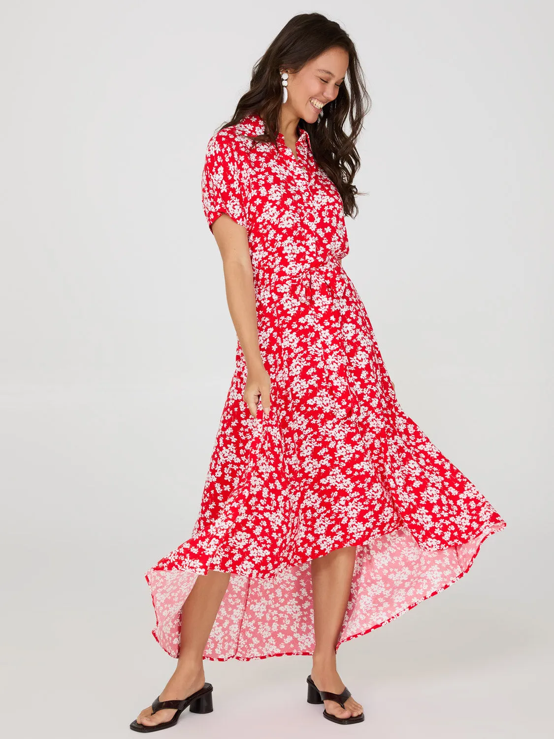 Ditsy Floral Print High-Low Maxi Shirt Dress