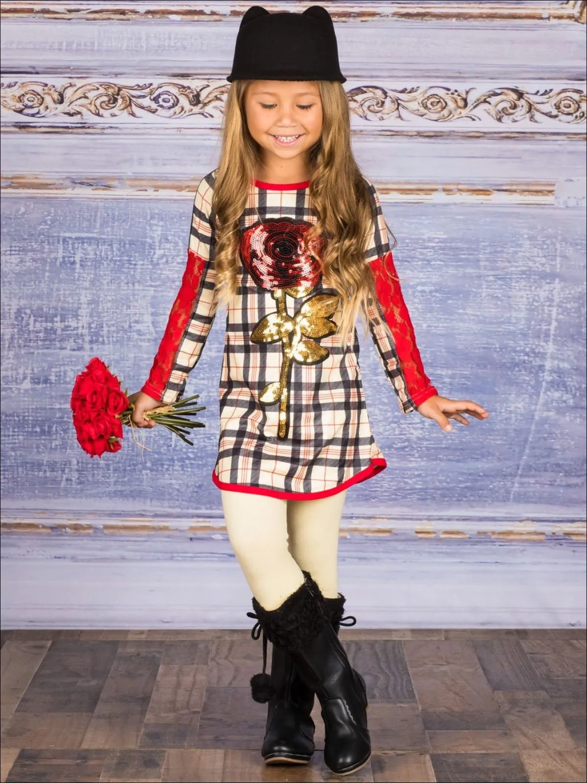 Girls Plaid Long Lace Patch Sleeve Tunic with Sequin Rose Applique And Matching Legging Set