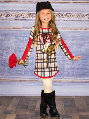 Girls Plaid Long Lace Patch Sleeve Tunic with Sequin Rose Applique And Matching Legging Set