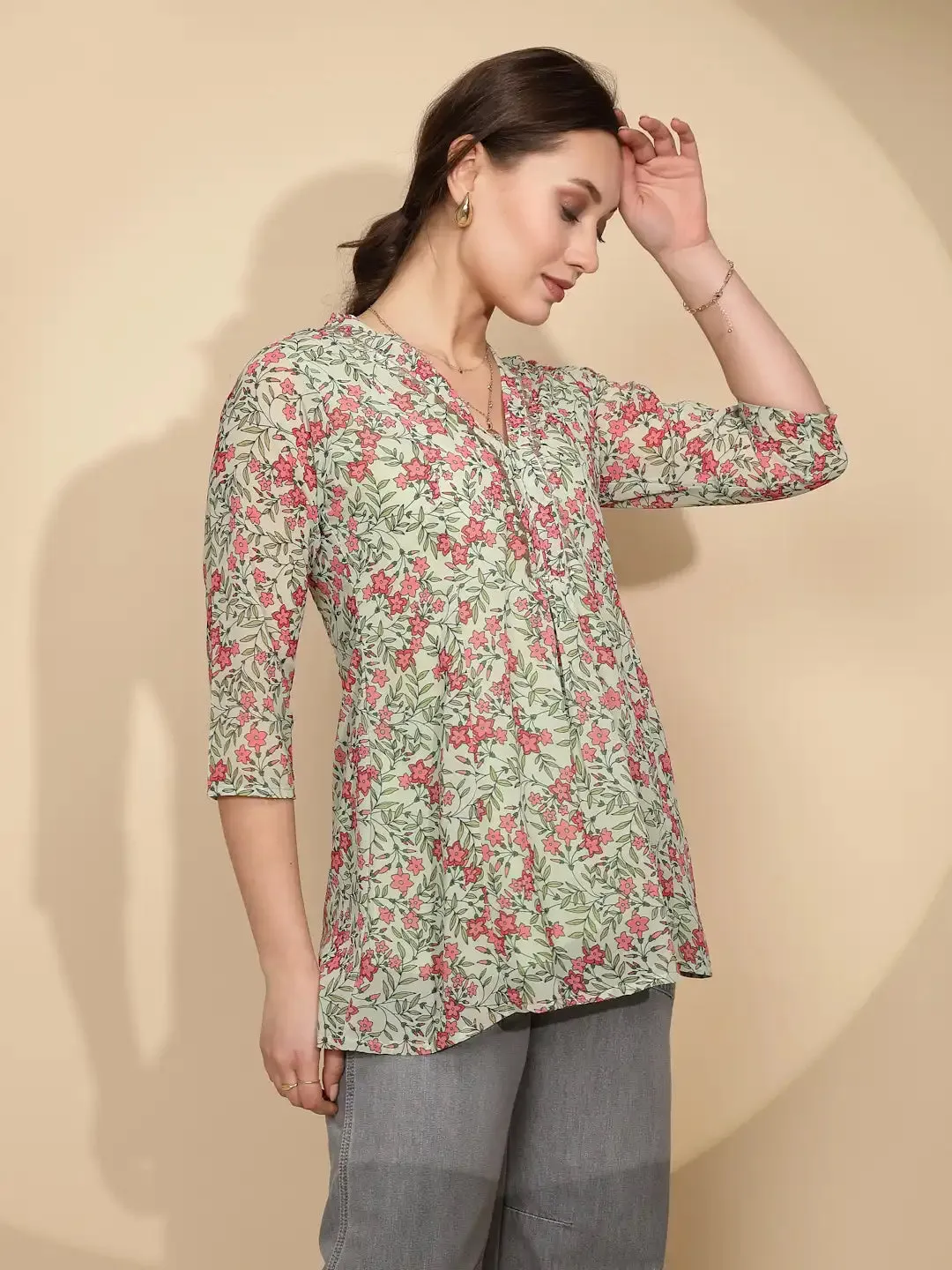 Green Cotton Regular Fit Tunic For Women