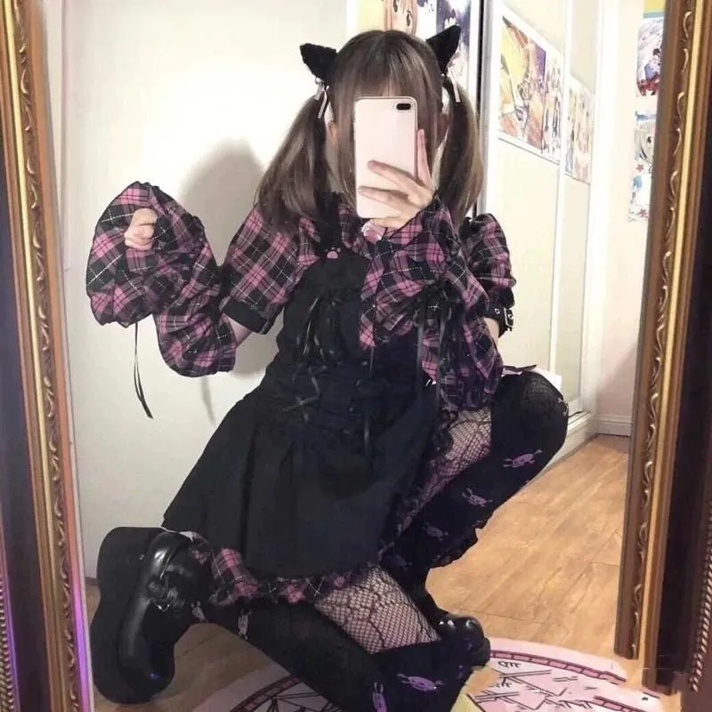 Harajuku Lolita Plaid Cat Paw Shirt Dress Set - Cute and Versatile for Any Occasion