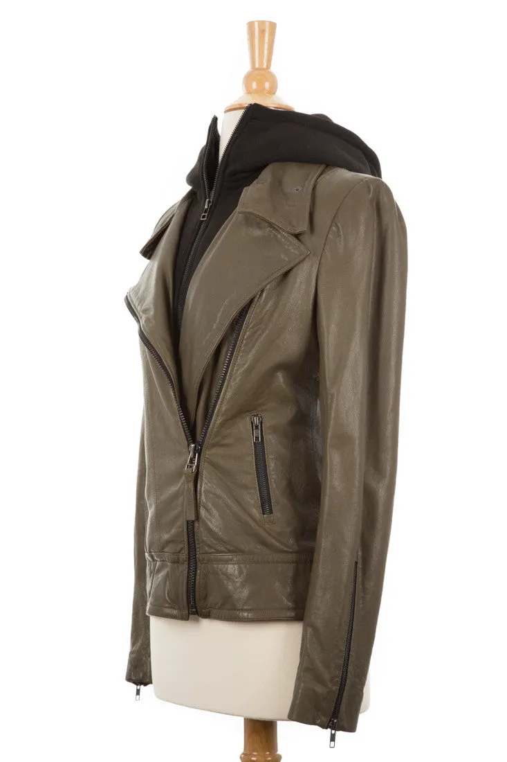 Kiera Leather Biker Jacket With Hood