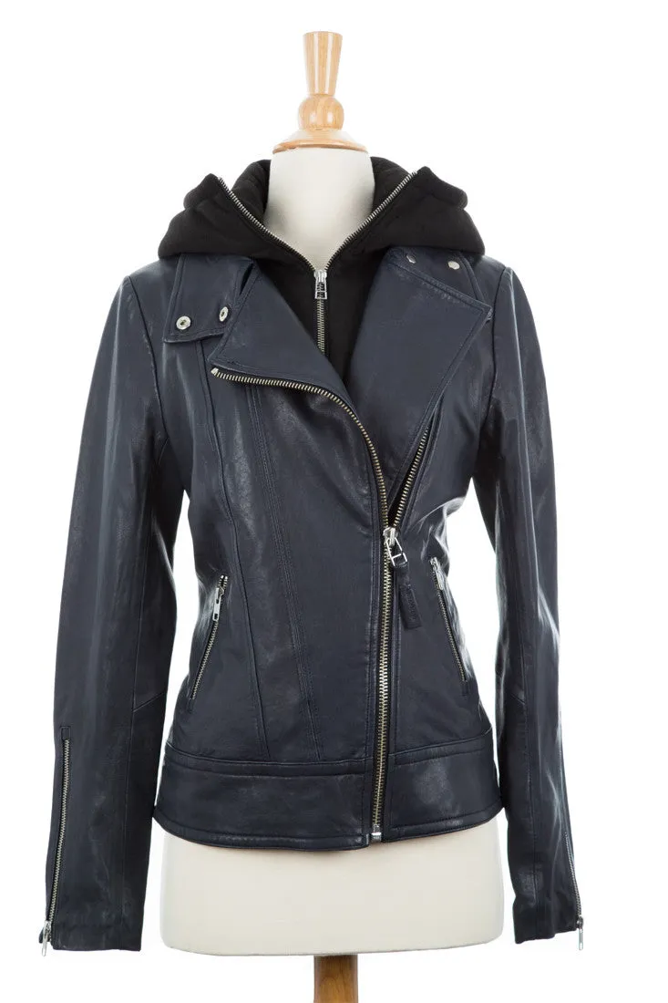 Kiera Leather Biker Jacket With Hood