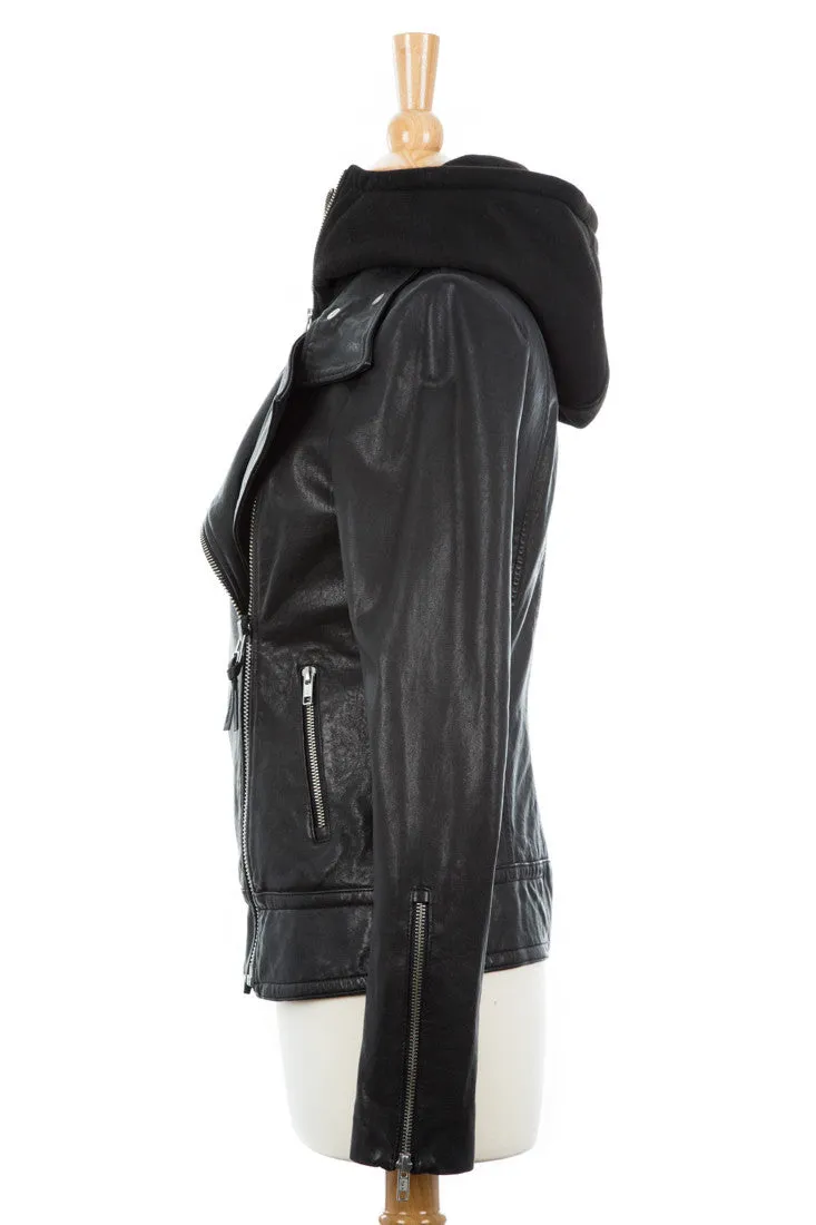 Kiera Leather Biker Jacket With Hood