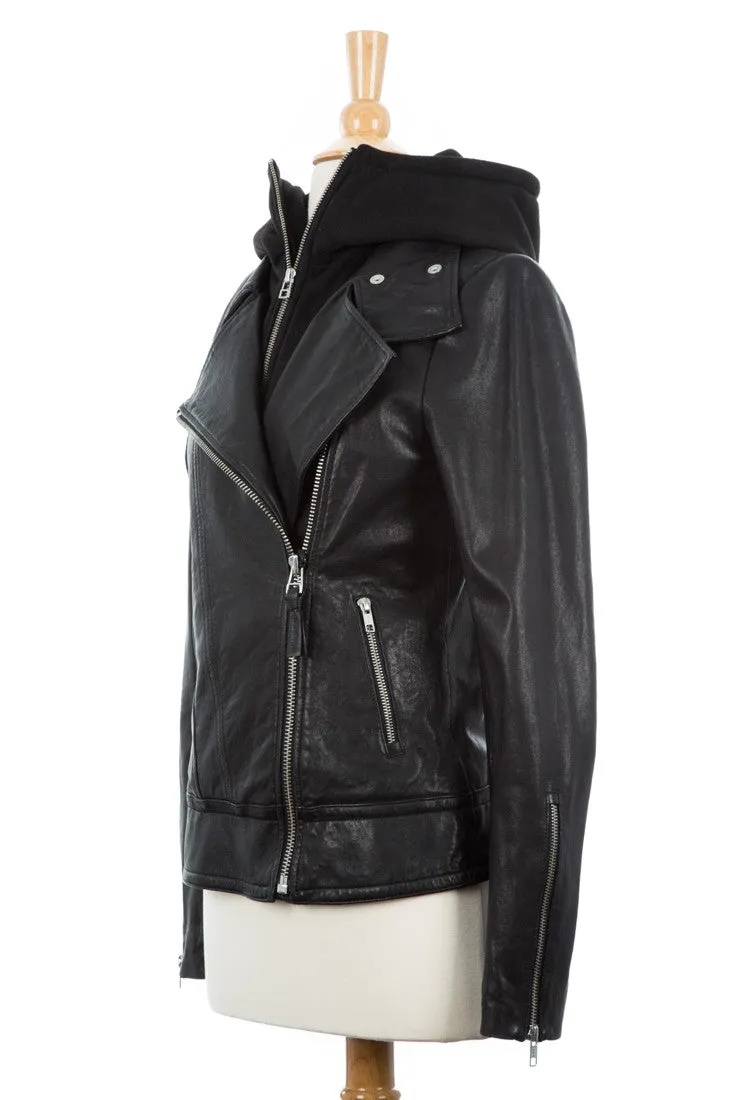 Kiera Leather Biker Jacket With Hood