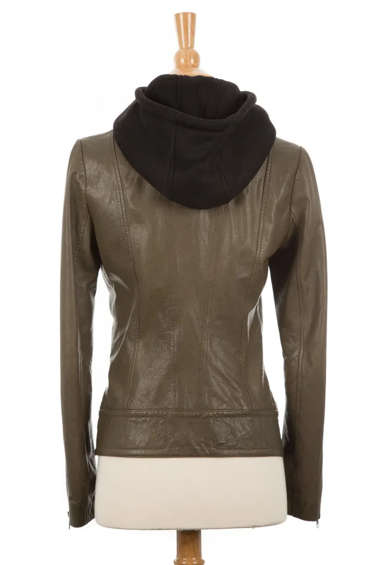 Kiera Leather Biker Jacket With Hood