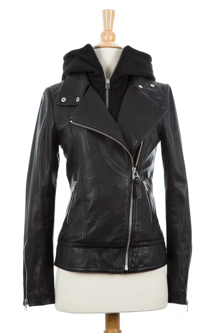 Kiera Leather Biker Jacket With Hood