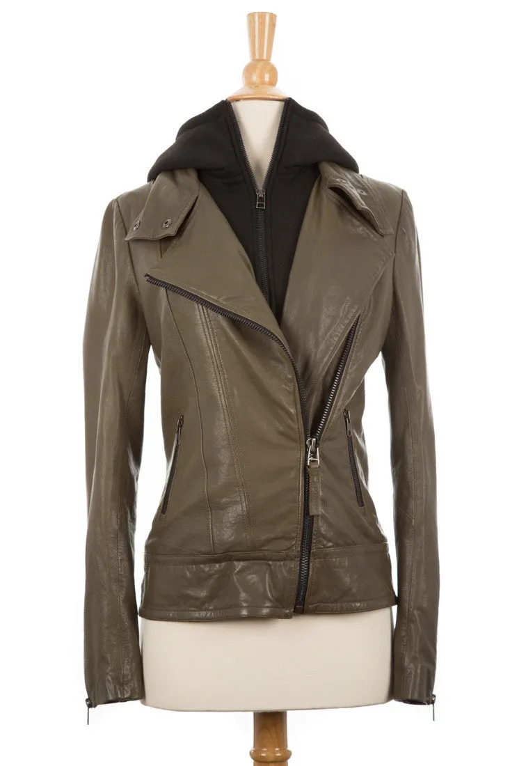 Kiera Leather Biker Jacket With Hood