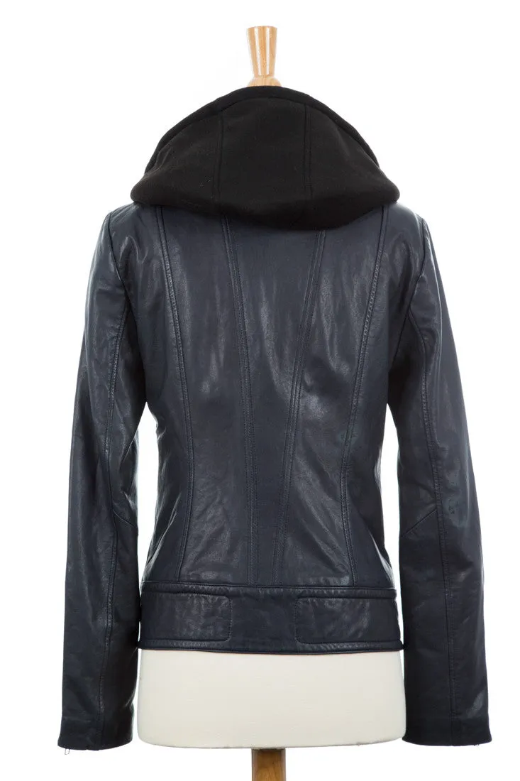 Kiera Leather Biker Jacket With Hood