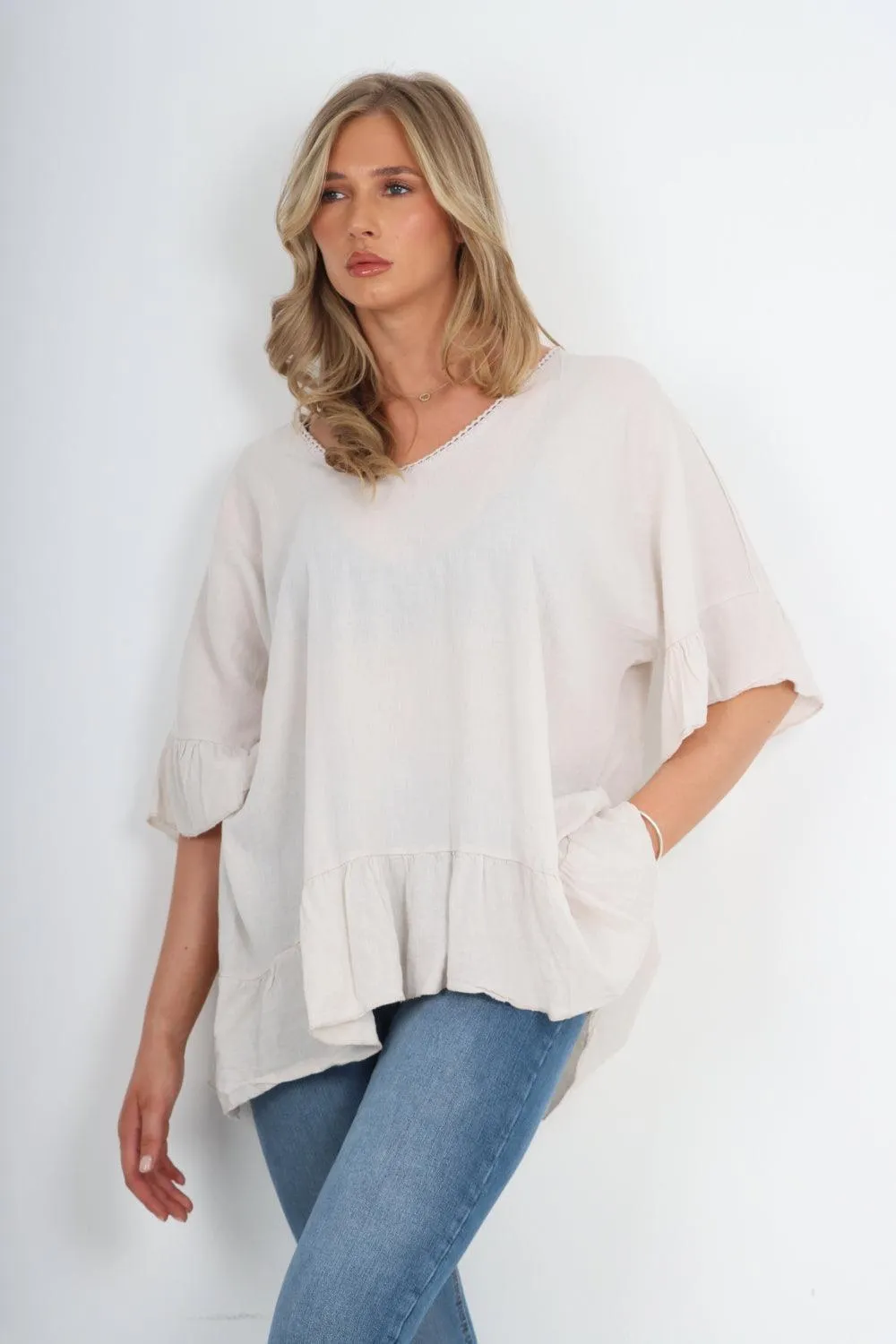 Linen Lagenlook Ruffle Hem Top