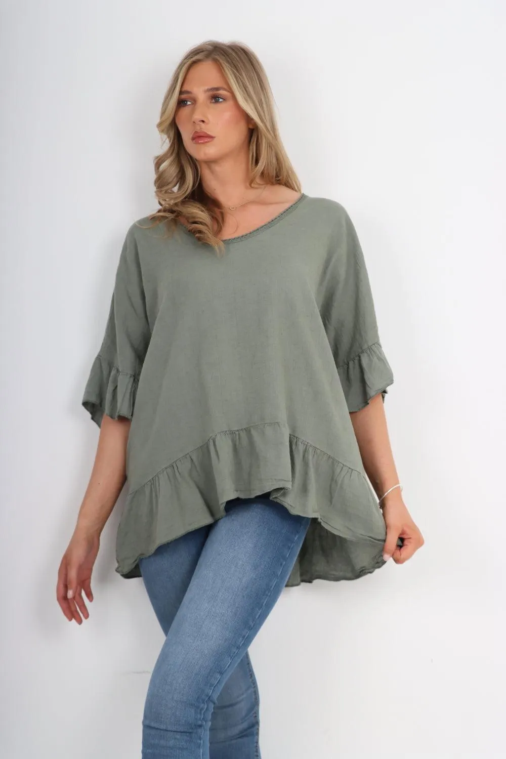 Linen Lagenlook Ruffle Hem Top