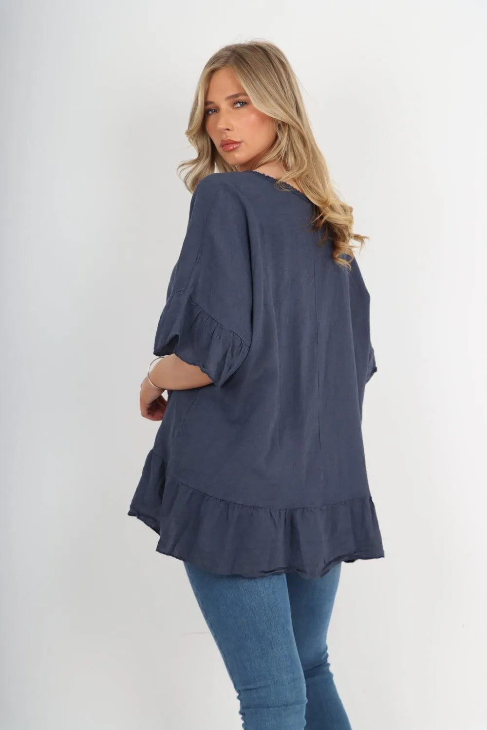 Linen Lagenlook Ruffle Hem Top