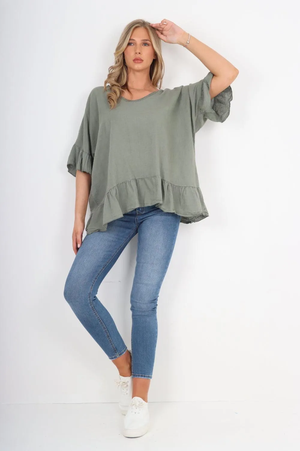 Linen Lagenlook Ruffle Hem Top