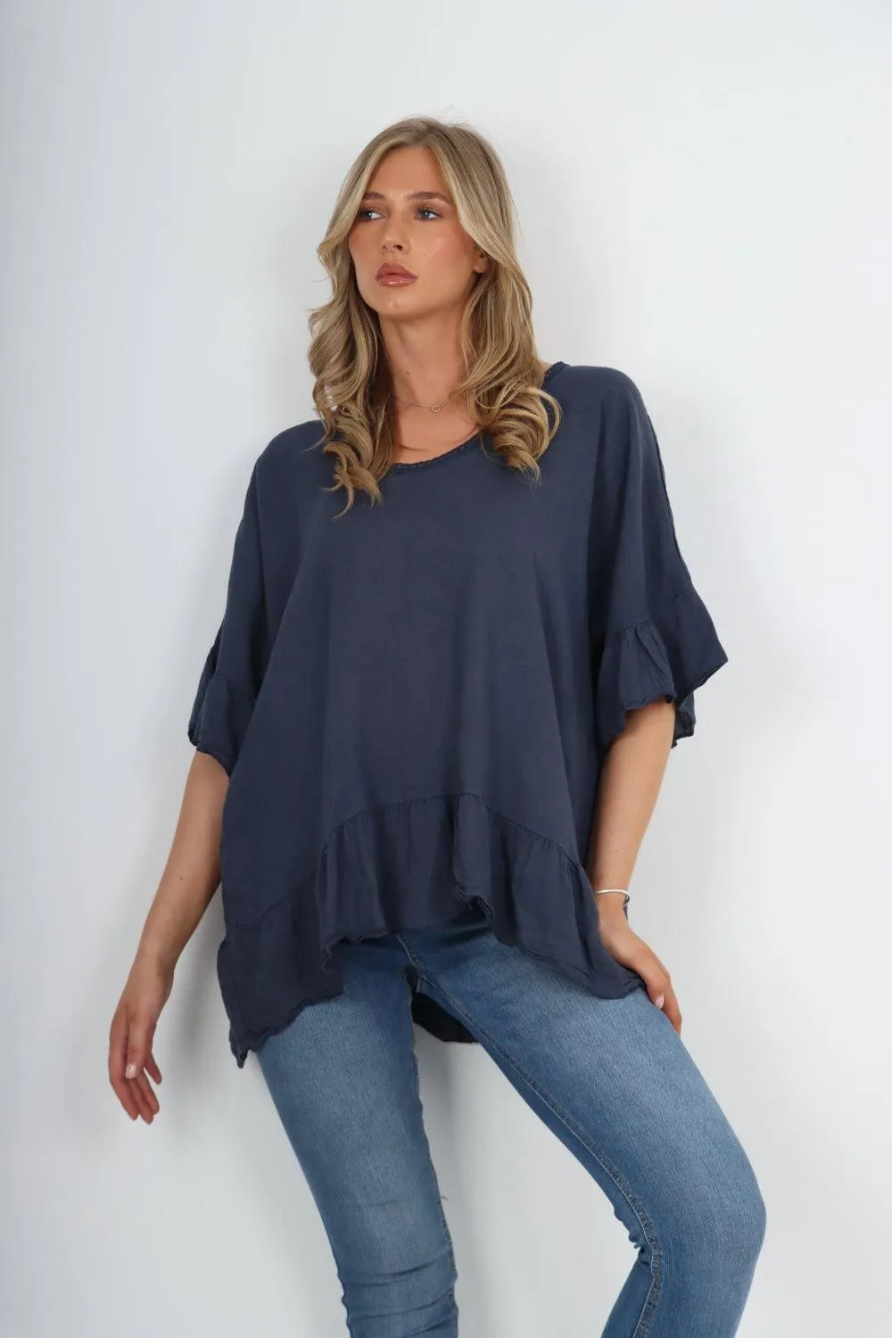 Linen Lagenlook Ruffle Hem Top