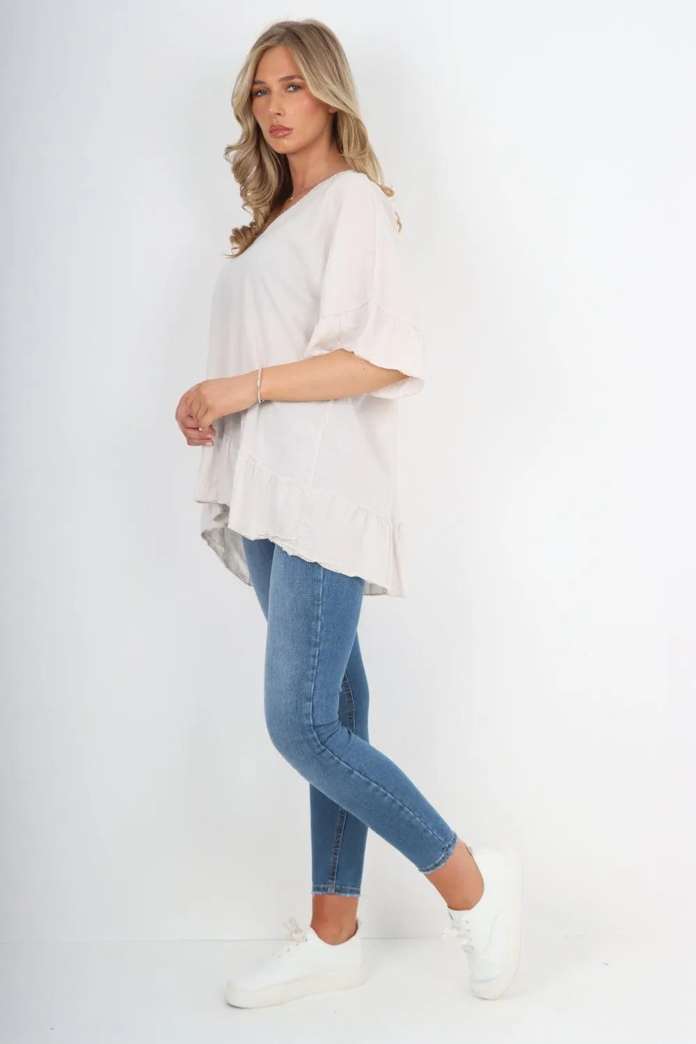 Linen Lagenlook Ruffle Hem Top