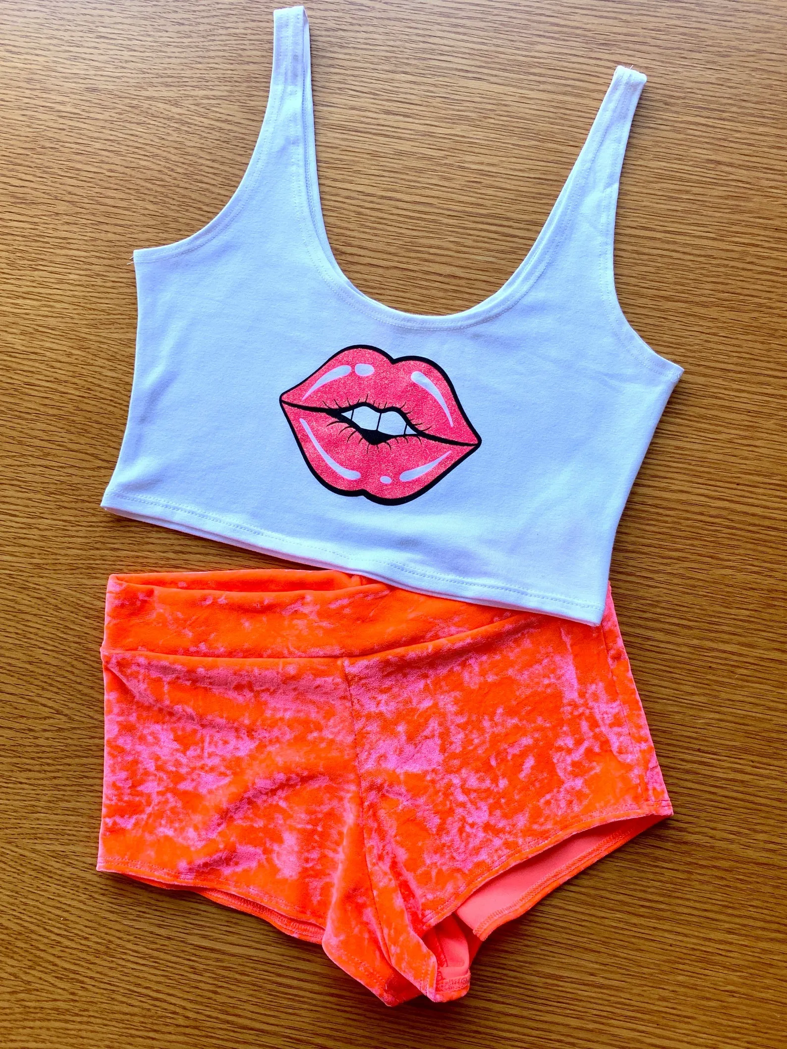 Lips Crop Tank in White with Neon Pink Lips