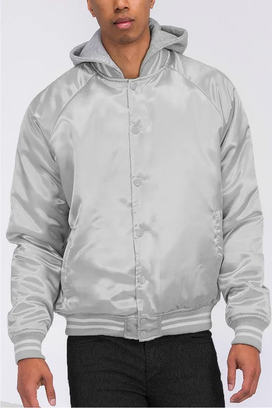 Men's Satin Rose Varsity Bomber Jacket w/Hood