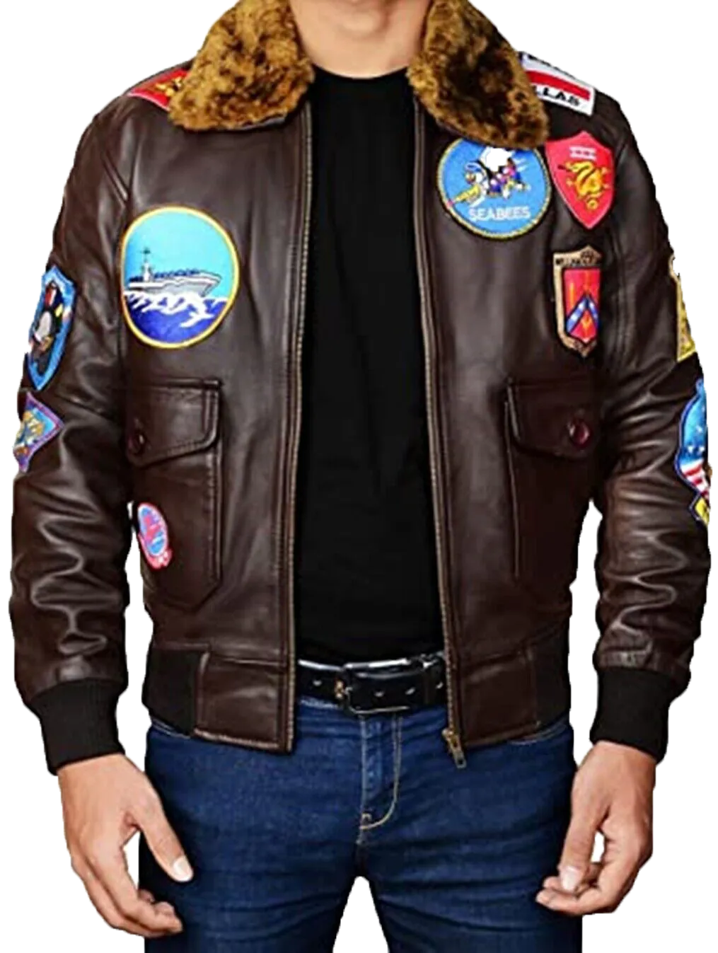 Mens Topgun Aviator USAAF Fur Collar Pilot Flying Tom Cruise Multiple Patches