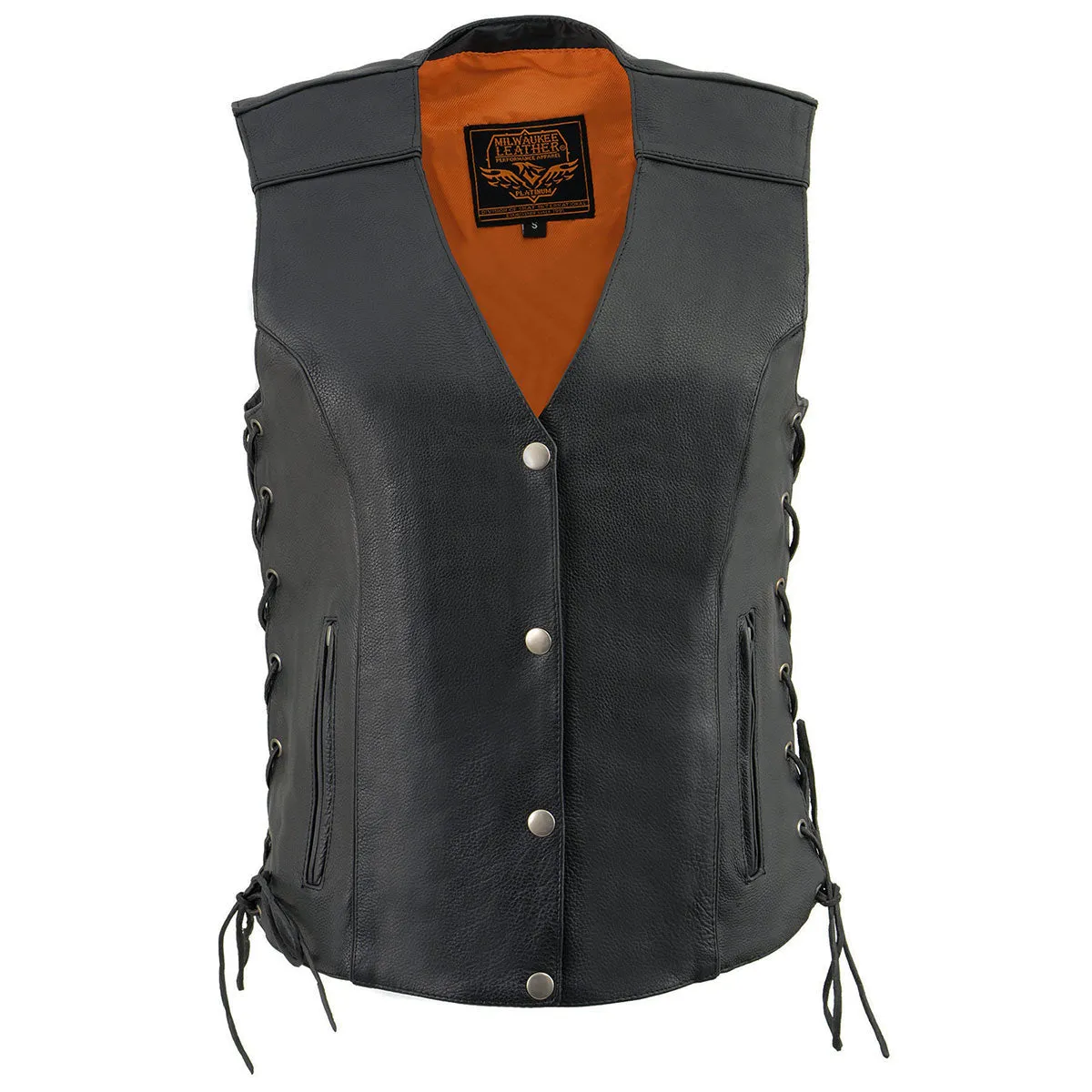 Milwaukee Leather MLL4500 Women's Black Leather Classic V-Neck Side Lace Motorcycle Rider Vest W/Front Snap Closure