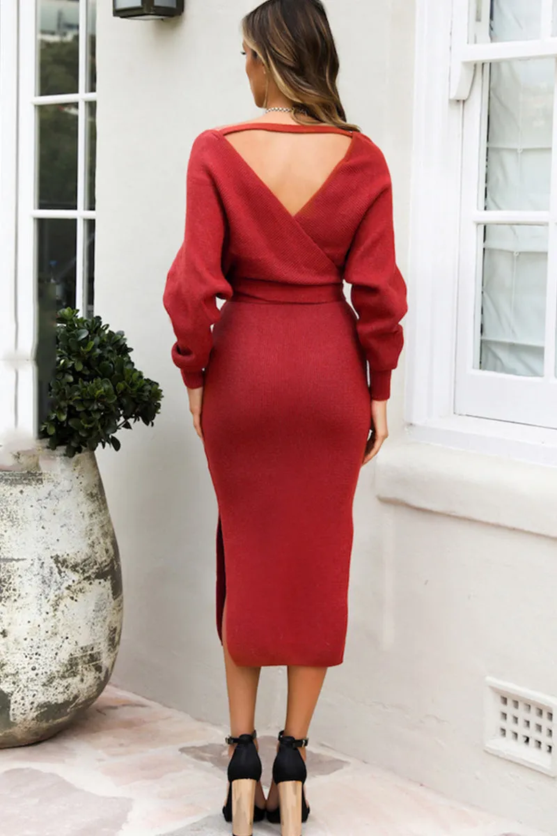 Neck Bow Waist Slit Sweater Dress