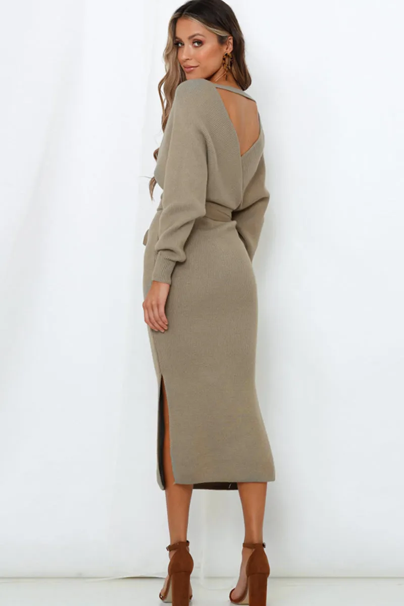 Neck Bow Waist Slit Sweater Dress