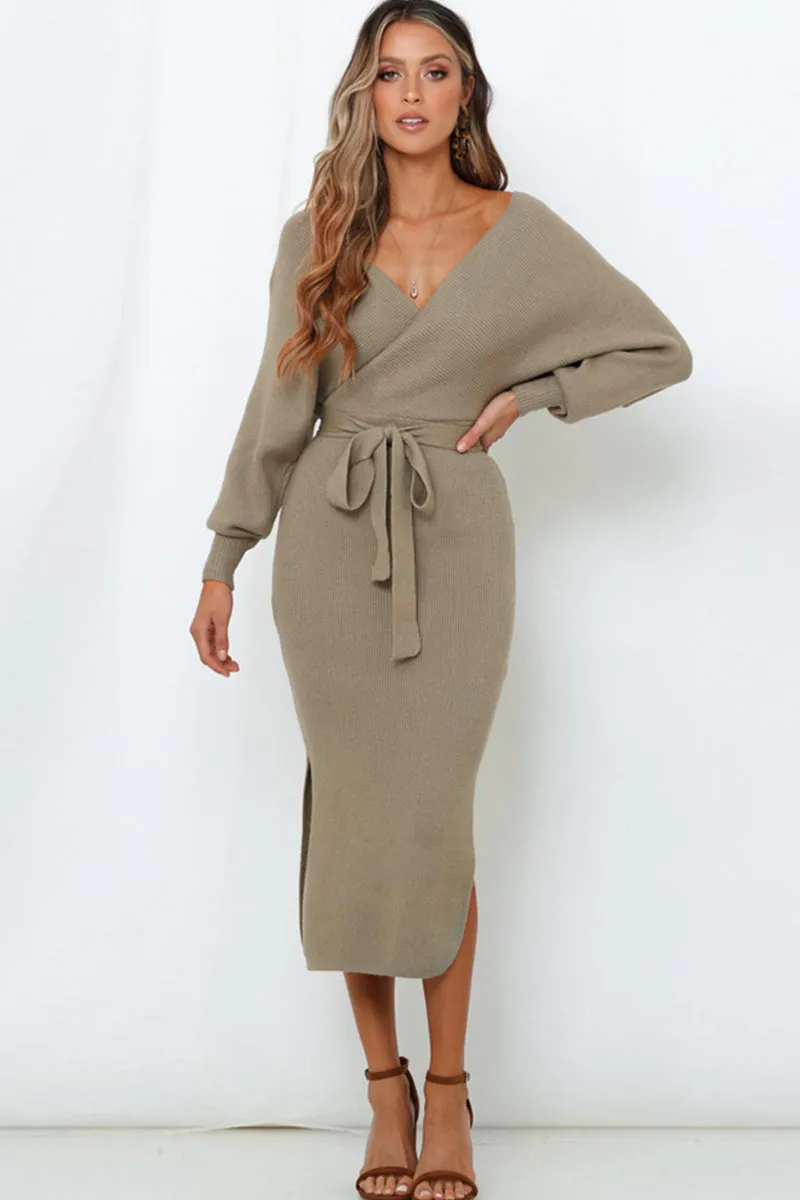 Neck Bow Waist Slit Sweater Dress