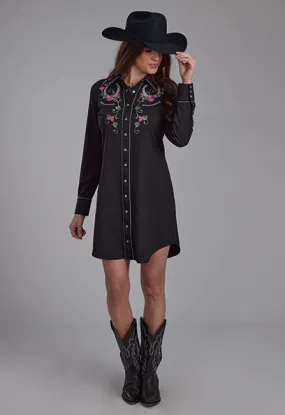 Roper Women's Black Retro Twill Embroidered Yoke Western Shirt Dress 0040-0763