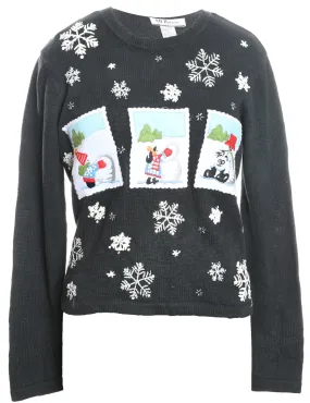 Snowman Design Black Embroidered Christmas Jumper - L