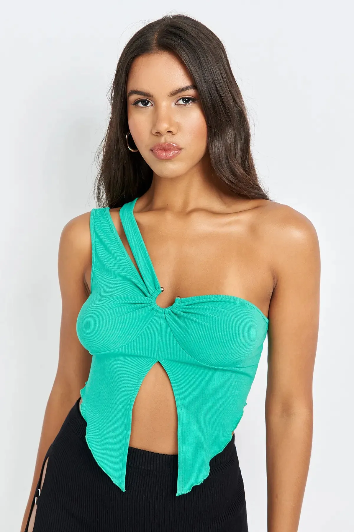 Split Ring Cut Out One Shoulder Top