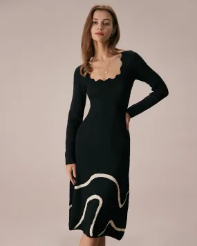 The Black Wave Scalloped Sweater Midi Dress