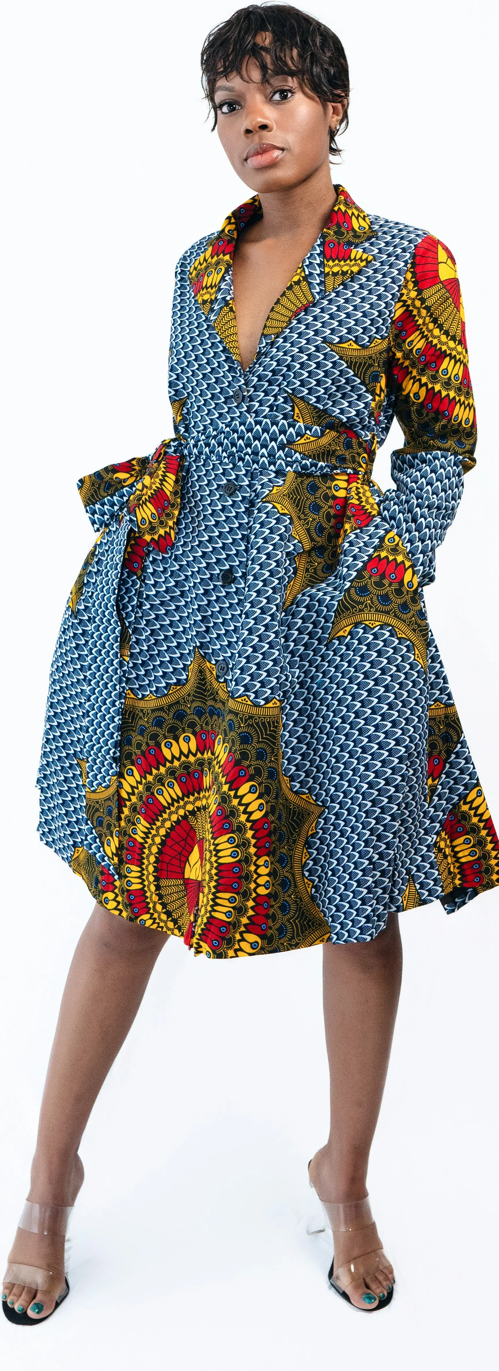 Thelma Long Sleeve Button-Down Midi Wrap Ankara Print Dress