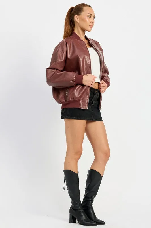 Vintage Burgundy Leather Bomber Jacket